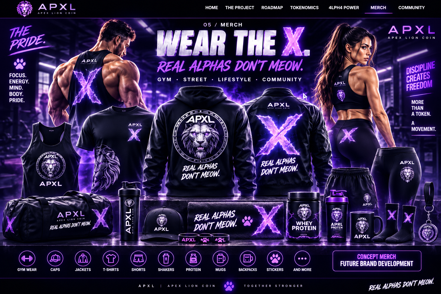 Concepto de merchandising APXL: ropa fitness, chaquetas, camisetas, gorras, mochilas, toallas, accesorios y shakers de proteína